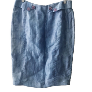 Simon Chang blue linen blend pencil skirt with button details. Size 6. EUC